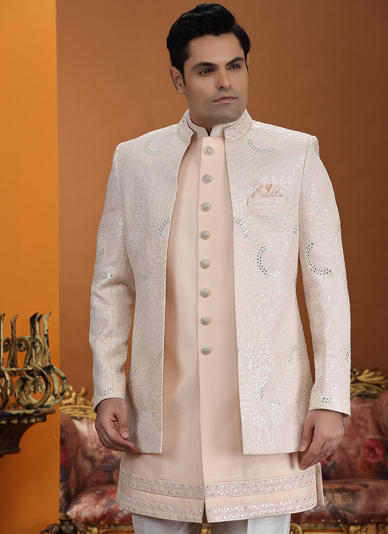 Peach Art Silk Computer Thread Work Wedding Wear Readymade Indowestern Sherwani SW591320