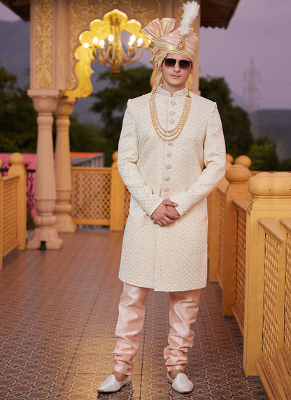 Peach Art Silk Thread Work Wedding Wear Readymade Indo Western Sherwani SW880331