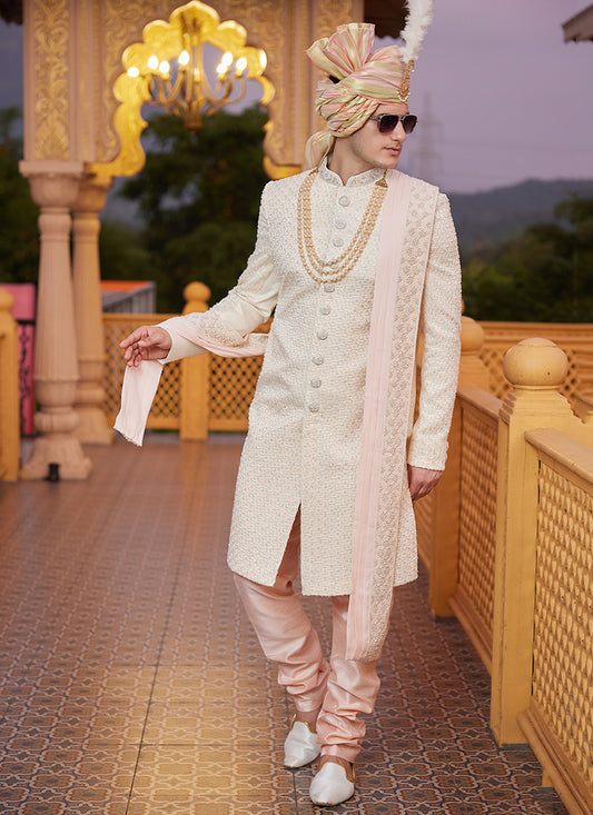 Peach Art Silk Thread Work Wedding Wear Readymade Indo Western Sherwani SW880331