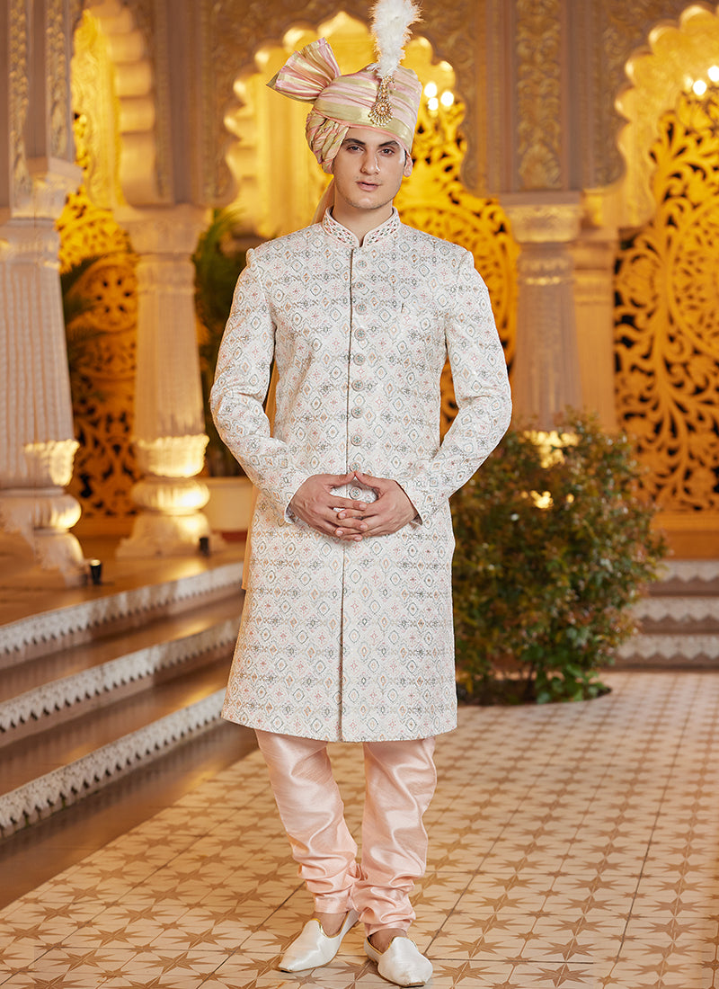 Peach Art Silk Thread Work Wedding Wear Readymade Indo Western Sherwani SW426311