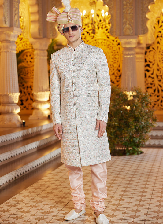 Peach Art Silk Thread Work Wedding Wear Readymade Indo Western Sherwani SW426311