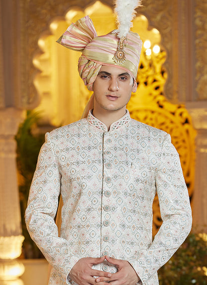 Peach Art Silk Thread Work Wedding Wear Readymade Indo Western Sherwani SW426311