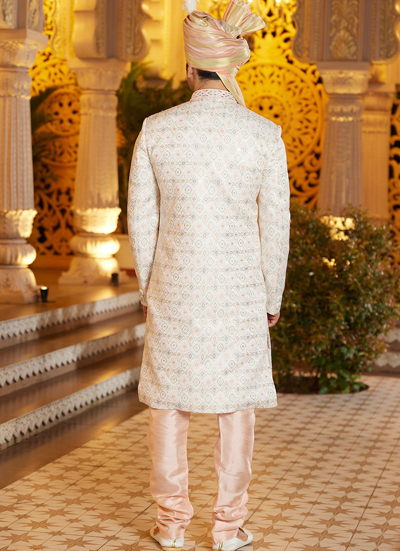 Peach Art Silk Thread Work Wedding Wear Readymade Indo Western Sherwani SW426311