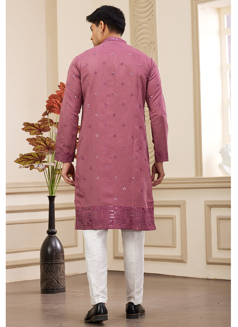 Peach Art Silk Readymade Kurta Pajama for Festive Occasions