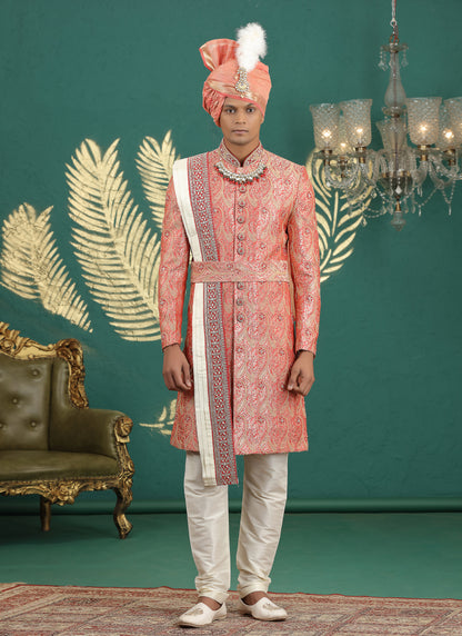 Banarasi Jacquard Peach Wedding Wear Hand Embroidery Readymade Groom Sherwani 385995