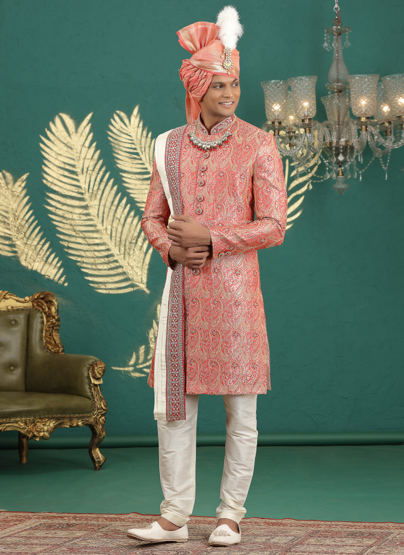 Banarasi Jacquard Peach Wedding Wear Hand Embroidery Readymade Groom Sherwani 385995