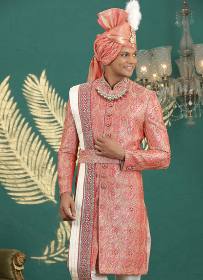 Banarasi Jacquard Peach Wedding Wear Hand Embroidery Readymade Groom Sherwani 385995