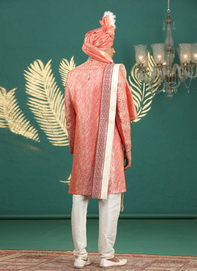 Banarasi Jacquard Peach Wedding Wear Hand Embroidery Readymade Groom Sherwani 385995