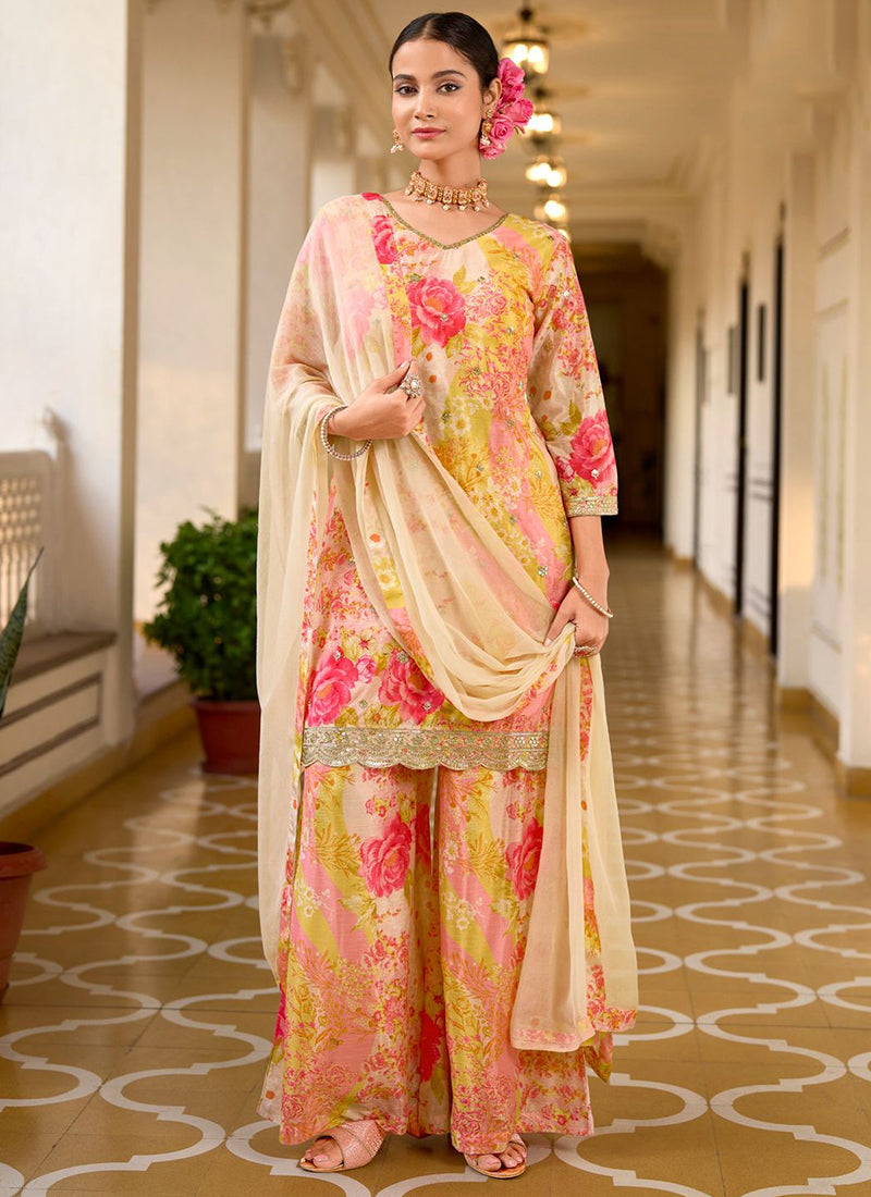 Peach Chinon Digital Print Work Casual Wear Readymade Plazzo Suit SW113574