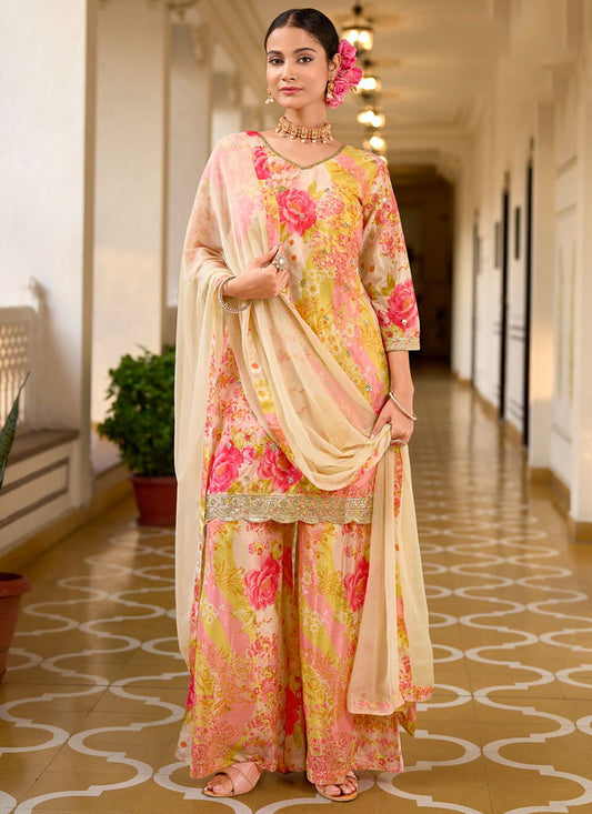 Peach Chinon Digital Print Work Casual Wear Readymade Plazzo Suit SW113574