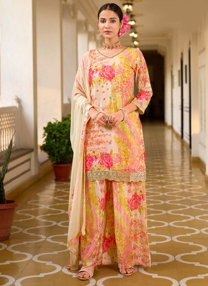 Peach Chinon Digital Print Work Casual Wear Readymade Plazzo Suit SW113574