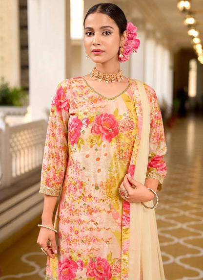 Peach Chinon Digital Print Work Casual Wear Readymade Plazzo Suit SW113574