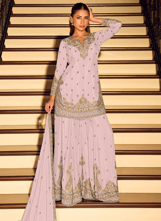 Light Pink Chinon Embroidery Work Occasional Wear Readymade Plazzo Suit SW594415