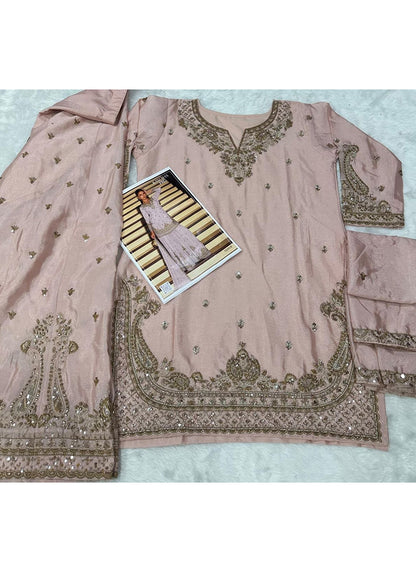 Peach Chinon Embroidery Work Occasional Wear Readymade Plazzo Suit SW818098