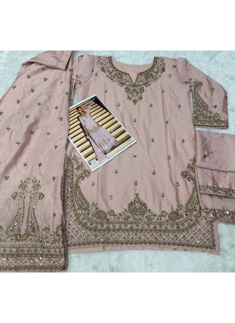 Light Pink Chinon Embroidery Work Occasional Wear Readymade Plazzo Suit SW594415