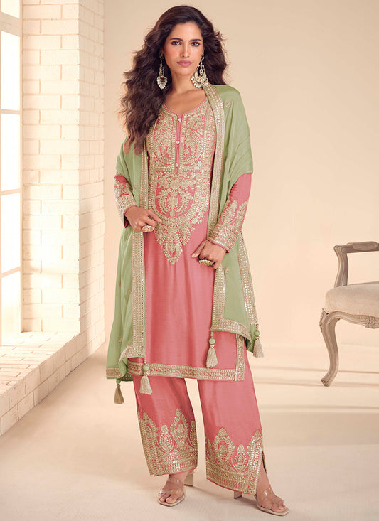 Peach Chinon Embroidery Work Party Wear Readymade Plazzo Suit SW371062