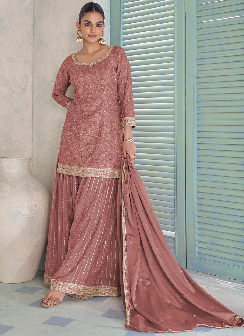 Peach Chinon Embroidery Work Wedding Wear Readymade Plazzo Suit SW529907