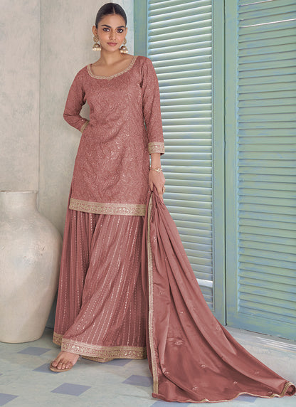 Peach Chinon Embroidery Work Wedding Wear Readymade Plazzo Suit SW529907