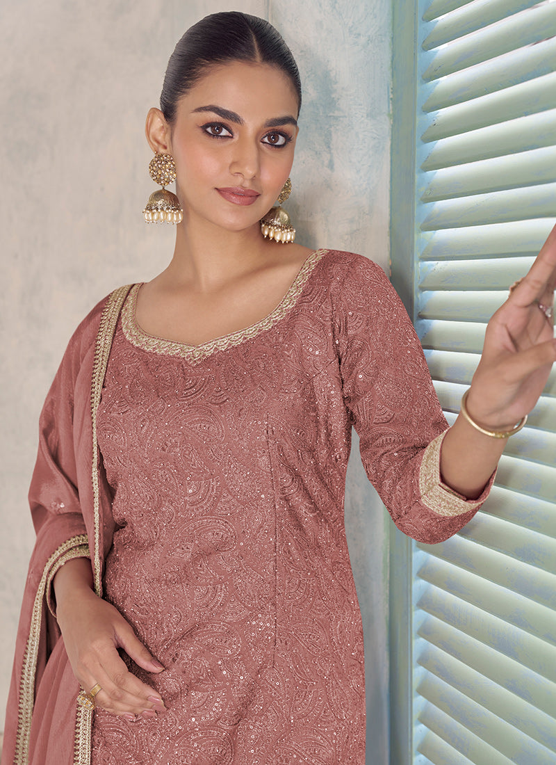 Peach Chinon Embroidery Work Wedding Wear Readymade Plazzo Suit SW529907