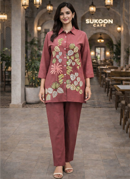 Peach Cotton Thread Work Daily Wear Readymade Cord Set SW169407