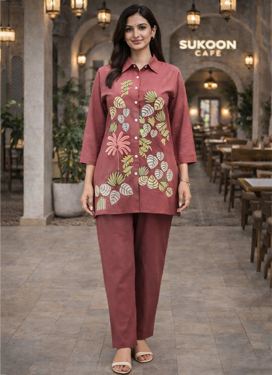 Peach Cotton Thread Work Daily Wear Readymade Cord Set SW169407