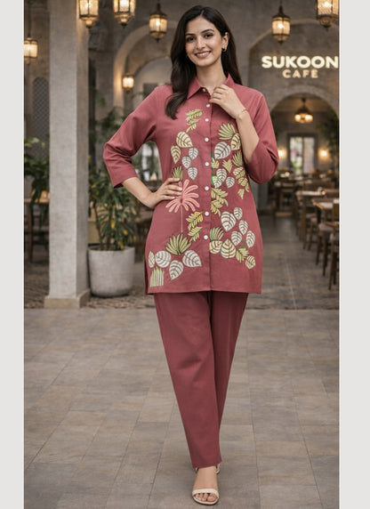 Peach Cotton Thread Work Daily Wear Readymade Cord Set SW169407