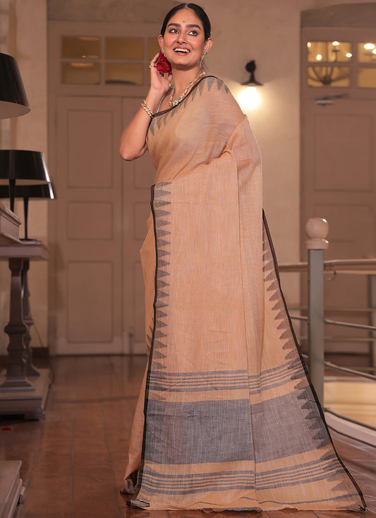 Cotton Peach Saree with Weaving Work for Daily Wear 382880