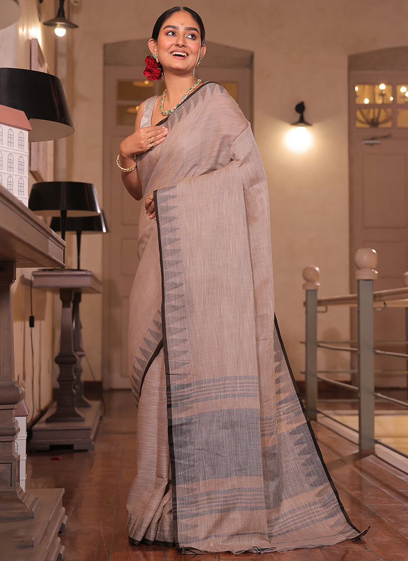 Cotton Peach Saree with Weaving Work for Daily Wear 382883