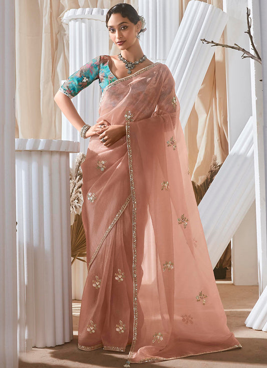 Fancy Peach Bridal Wear Saree with Lace Work 381684