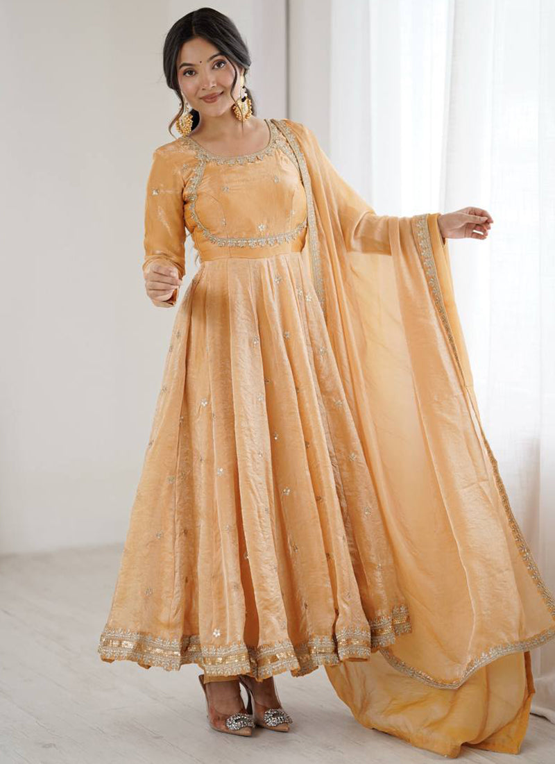 Fendy Silk Peach Casual Wear Sequins Work Readymade Anarkali Suit 388728