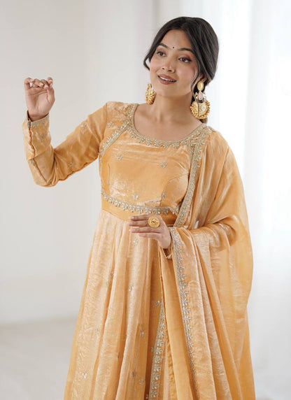 Fendy Silk Peach Casual Wear Sequins Work Readymade Anarkali Suit 388728