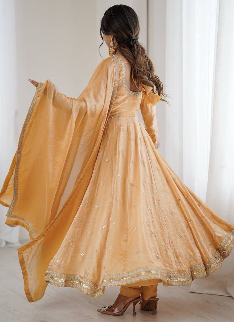 Fendy Silk Peach Casual Wear Sequins Work Readymade Anarkali Suit 388728
