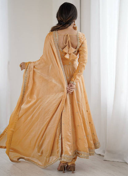 Fendy Silk Peach Casual Wear Sequins Work Readymade Anarkali Suit 388728