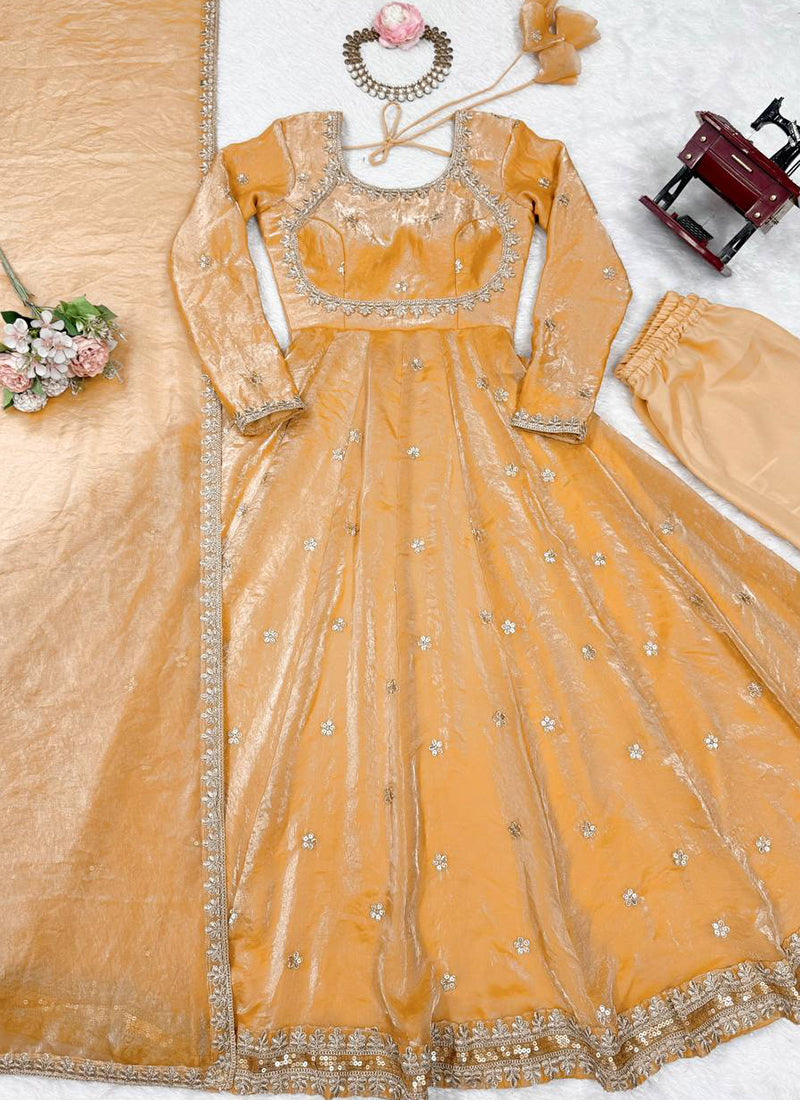 Fendy Silk Peach Casual Wear Sequins Work Readymade Anarkali Suit 388728