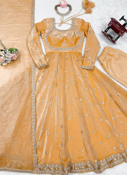 Fendy Silk Peach Casual Wear Sequins Work Readymade Anarkali Suit 388728