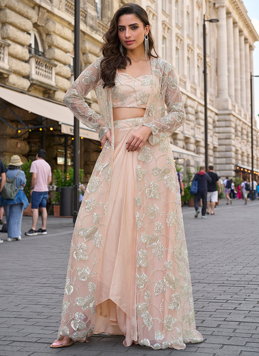 French Crepe Silk Peach Wedding Wear Bead Embroidery Work Readymade IndoWestern Suit 387521