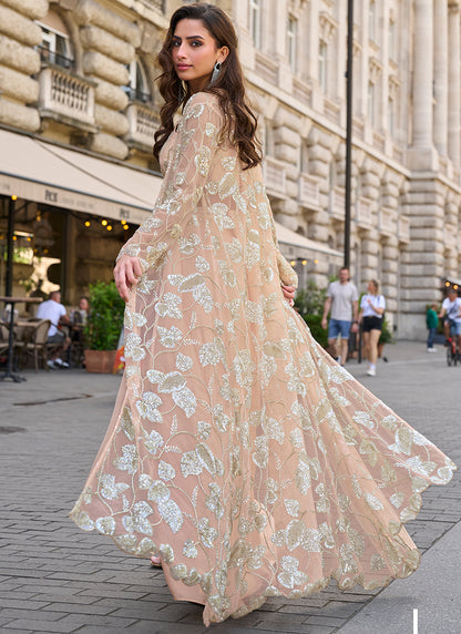 French Crepe Silk Peach Wedding Wear Bead Embroidery Work Readymade IndoWestern Suit 387521