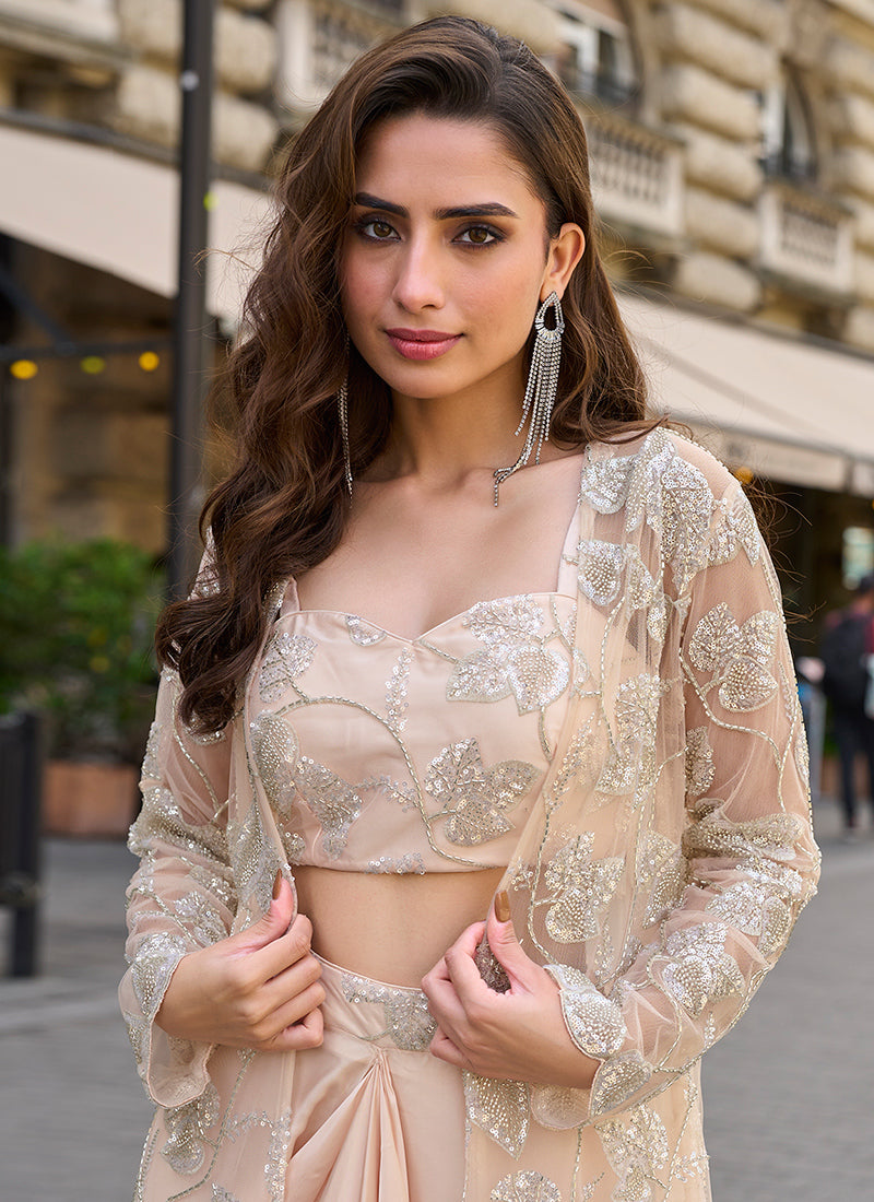 French Crepe Silk Peach Wedding Wear Bead Embroidery Work Readymade IndoWestern Suit 387521