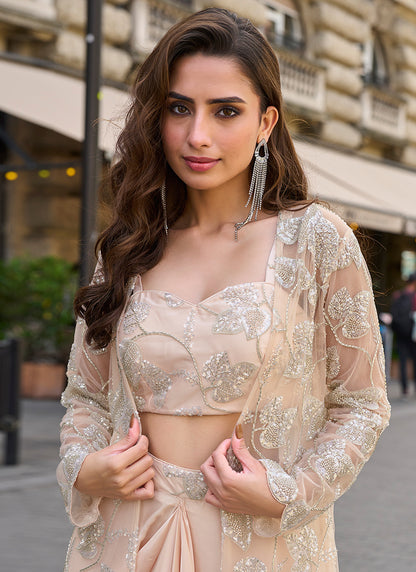 French Crepe Silk Peach Wedding Wear Bead Embroidery Work Readymade IndoWestern Suit 387521