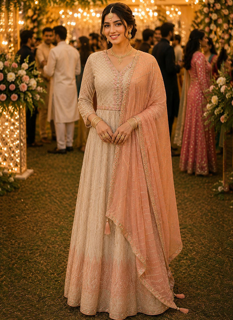 Peach Georgette Embroidery Work Occasional Wear Readymade Anarkali Suit SW825309