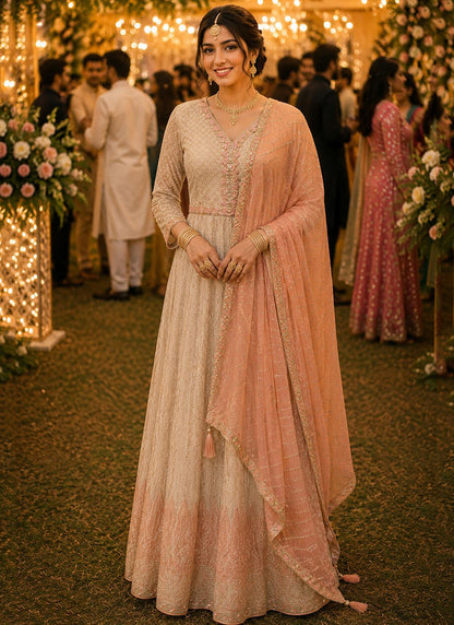 Peach Georgette Embroidery Work Occasional Wear Readymade Anarkali Suit SW825309