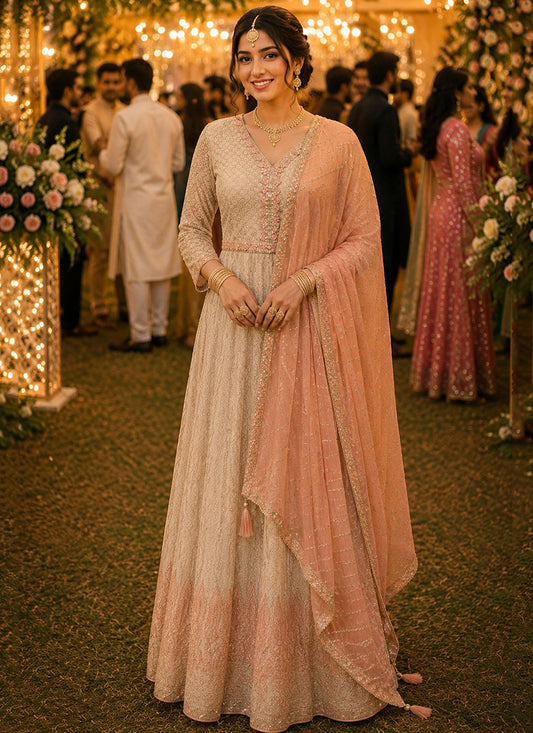 Peach Georgette Embroidery Work Occasional Wear Readymade Anarkali Suit SW825309