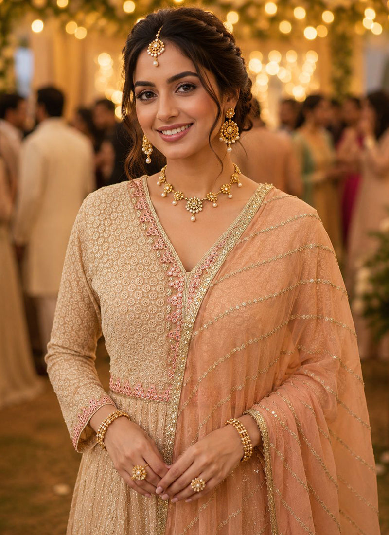 Peach Georgette Embroidery Work Occasional Wear Readymade Anarkali Suit SW825309