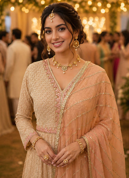 Peach Georgette Embroidery Work Occasional Wear Readymade Anarkali Suit SW825309