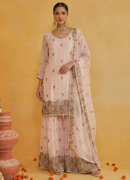 Peach Georgette Embroidery Work Party Wear Readymade Sharara Suit SW530613
