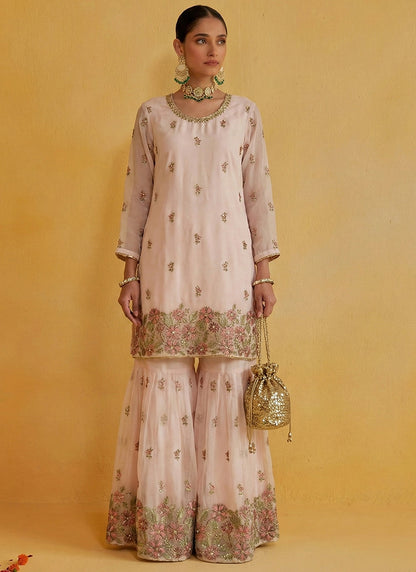 Peach Georgette Embroidery Work Party Wear Readymade Sharara Suit SW530613