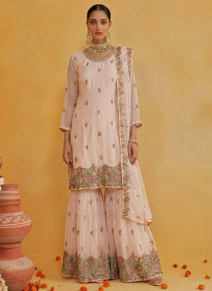 Peach Georgette Embroidery Work Party Wear Readymade Sharara Suit SW530613