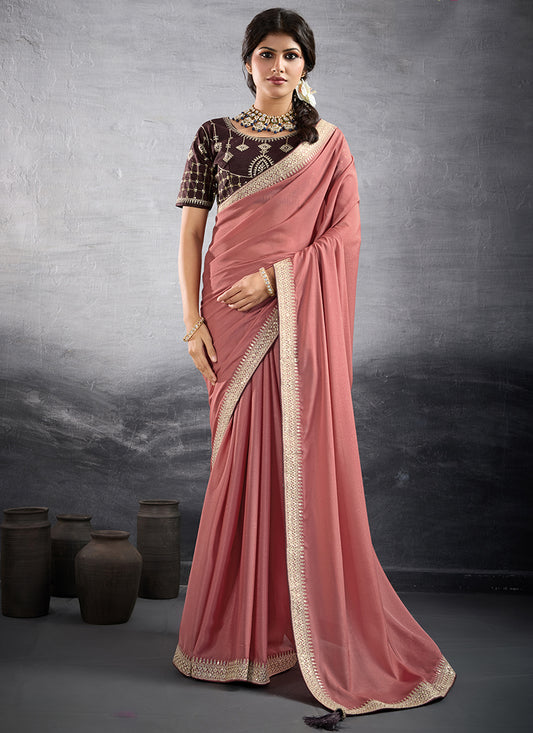 Georgette Peach Party Wear Embroidery Work Saree 385556