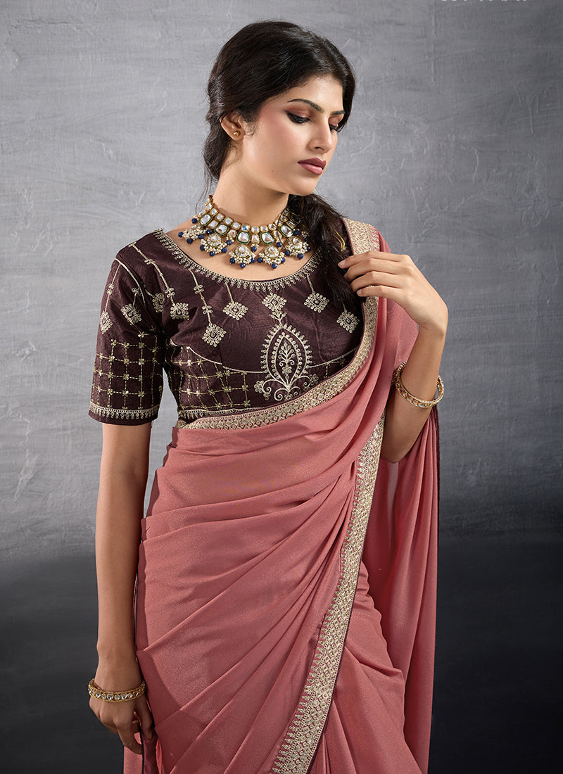 Georgette Peach Party Wear Embroidery Work Saree 385556