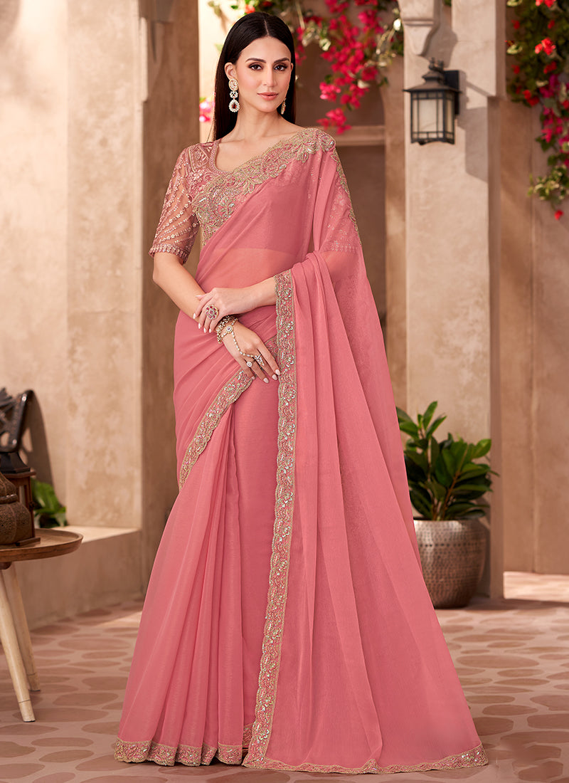 Georgette Peach Saree with Linen Work for Bridal Wear 380653